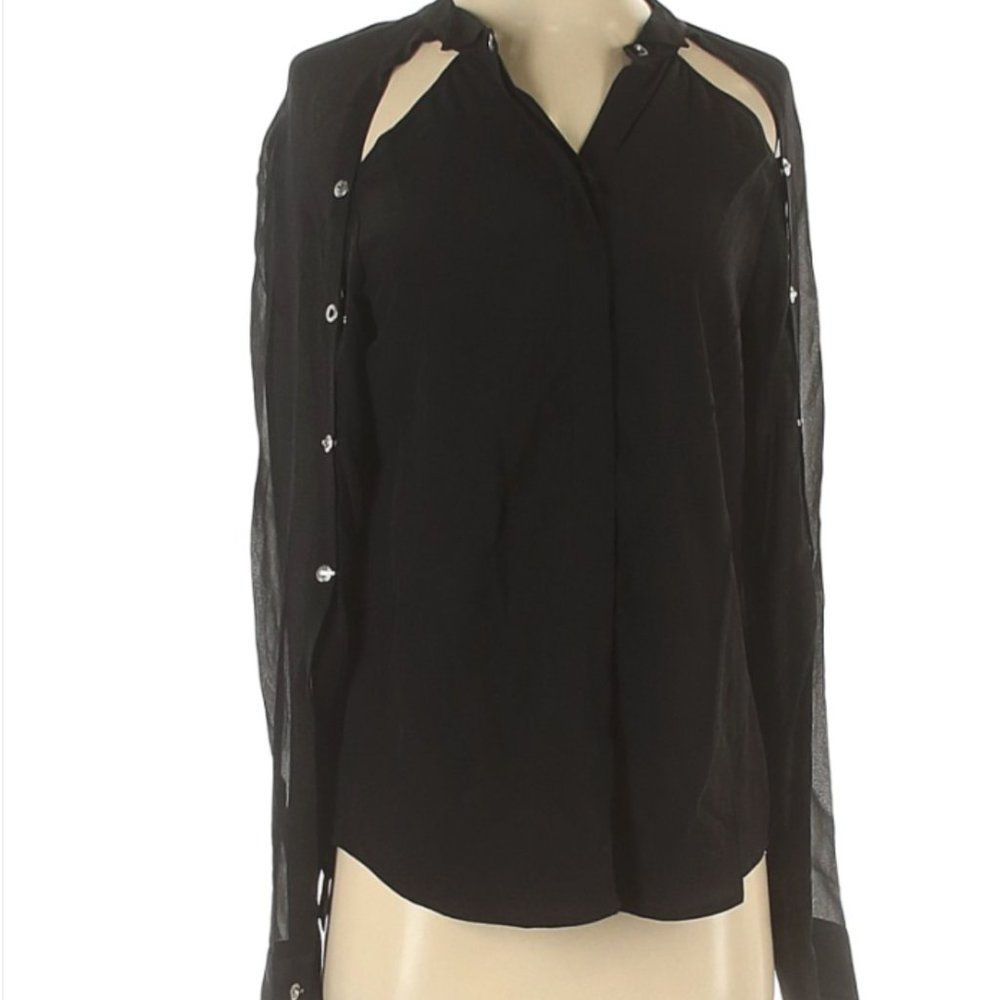 Chelsea & Walker 100% Silk Long Sleeve Black Button Down with Cut Outs